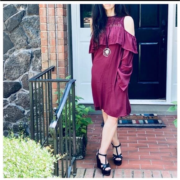 Cold Shoulder Burgundy Dress Long Sleeve Layered Ruffle Detail - Picture 5 of 9